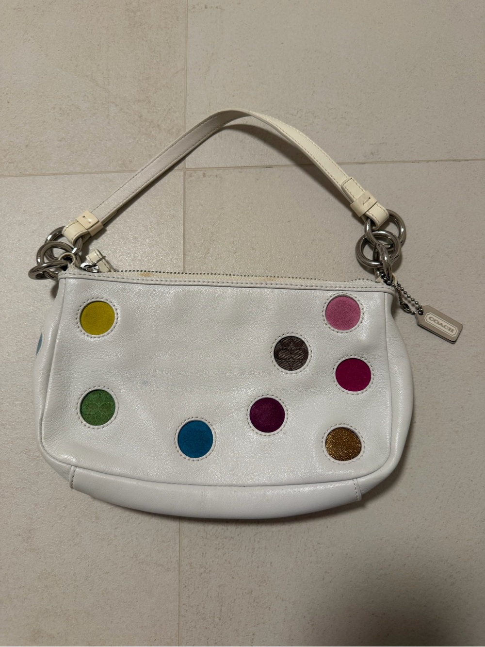 Coach White Leather Shoulder Bag with Multicolor Dot Accents